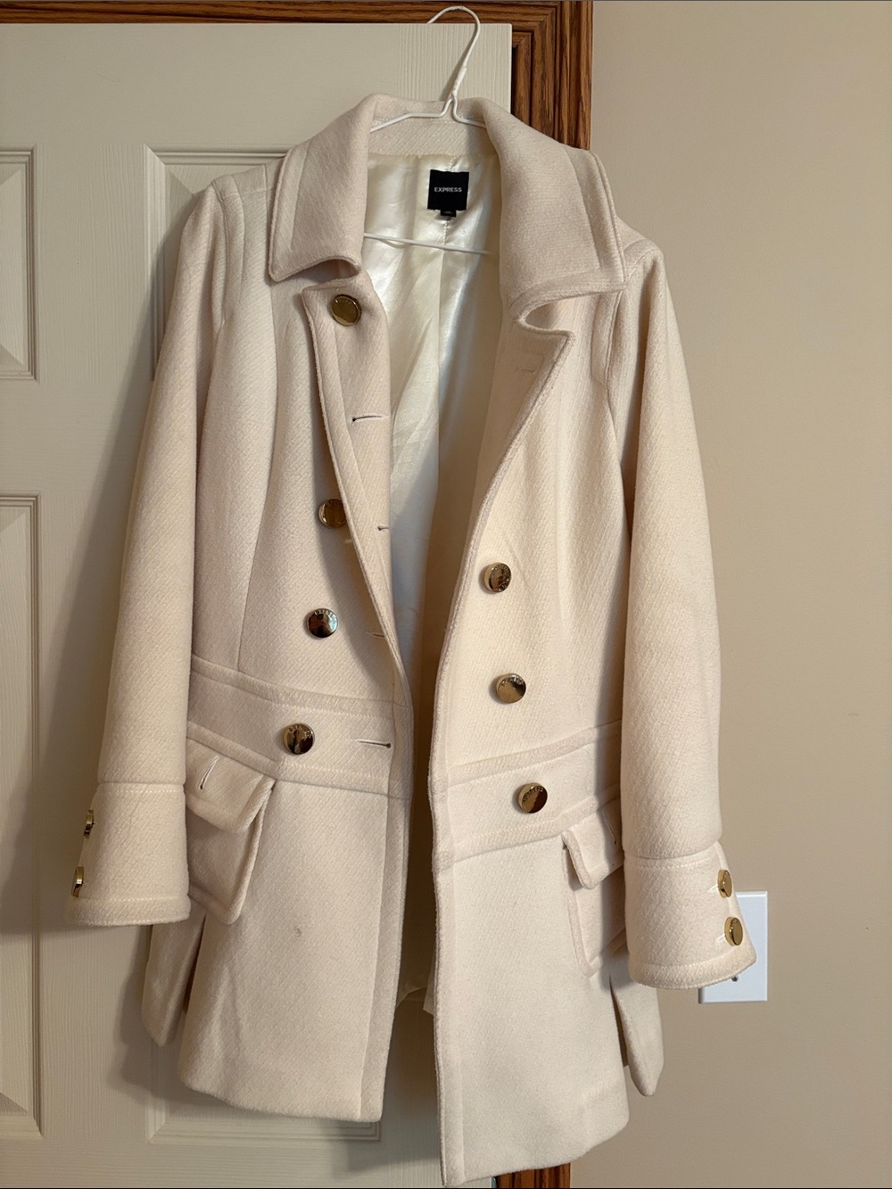 Express Cream Double-Breasted Pea Coat with Gold Buttons